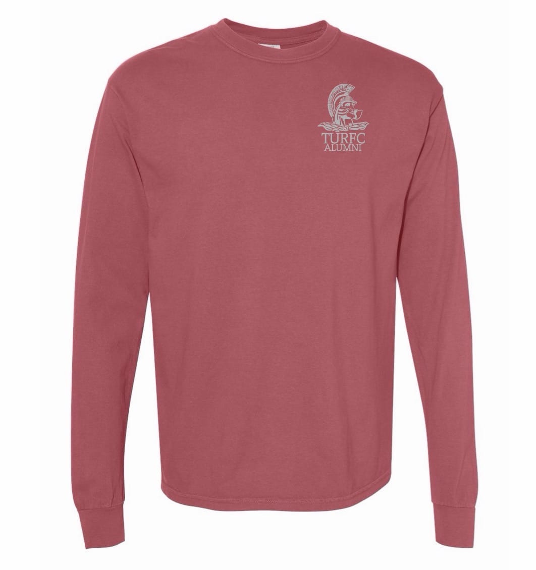The EMB S&S Activewear Troy Rugby Alumni Heavyweight Comfort Long-Sleeve T-Shirt in red features garment-dyed cotton and a small white "TURFC Alumni" Spartan helmet logo on the chest—ideal for Troy Rugby Alumni.