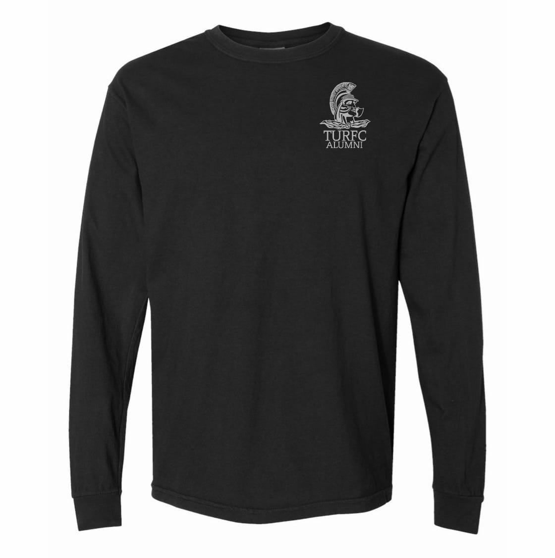 The Troy Rugby Alumni Heavyweight Comfort Long-Sleeve T-Shirt by EMB S&S Activewear is black, garment-dyed cotton with a small Trojan helmet and "TURFC ALUMNI" on the left chest—a standout for Troy Rugby supporters.