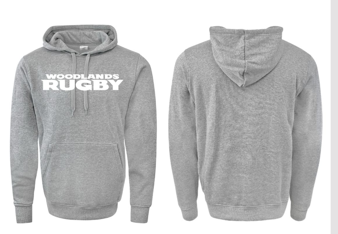 Front and back view of the WRS Augusta Woodlands Youth Text Logo Hoodie in grey with "WOODLANDS RUGBY" printed in white on the front and a roomy pocket—ideal fan gear for showing team spirit.