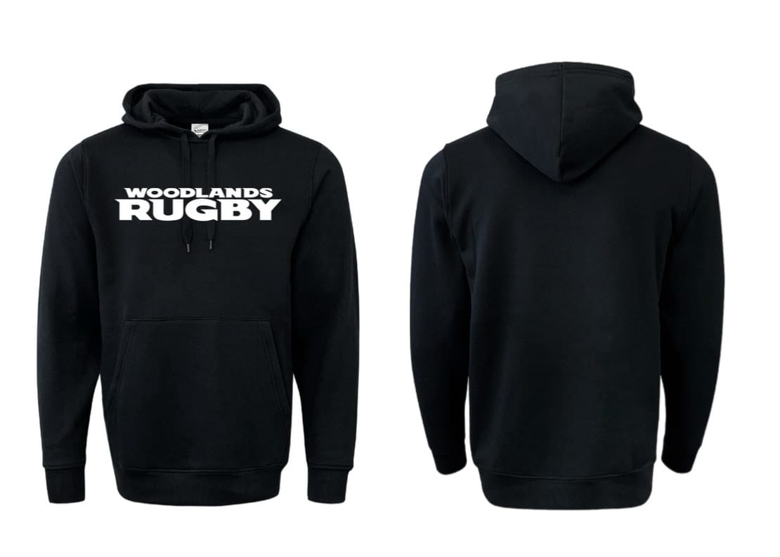 Front and back view of a black WRS Augusta Woodlands Youth Text Logo Hoodie with "Woodlands Rugby" printed in white on the front—ideal fan gear for supporters.