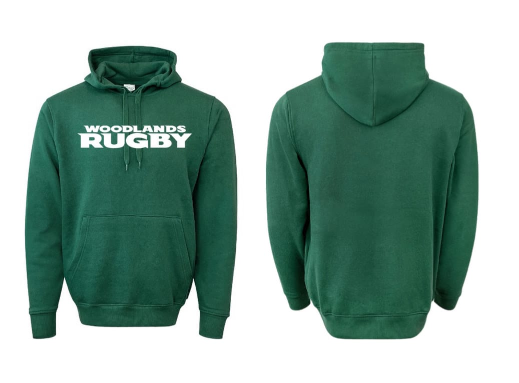 The Woodlands Youth Text Logo Hoodie by WRS Augusta features "WOODLANDS RUGBY" in white on the front. Displayed in both front and back views, it’s perfect custom fan wear for young supporters.