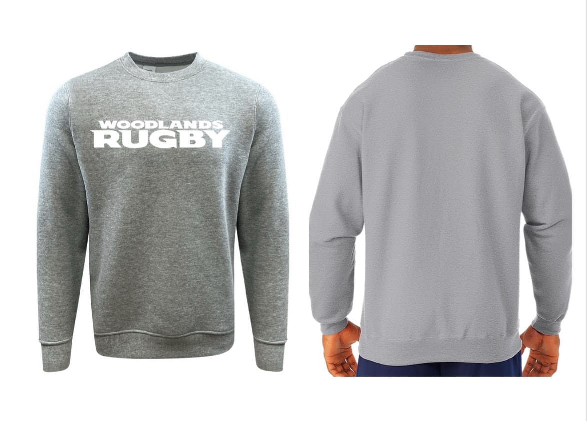 The Woodlands Youth Text Logo Crewneck by WRS Augusta features "WOODLANDS RUGBY" in white on the front and a plain back. This custom-made fleece sweatshirt is perfect for team spirit and everyday comfort.