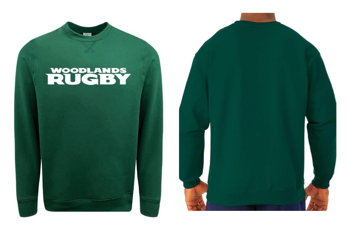 Front and back views of the WRS Augusta Woodlands Youth Text Logo Crewneck in green, featuring "WOODLANDS RUGBY" printed in white on the front; crafted from athletic fleece. Back is plain.