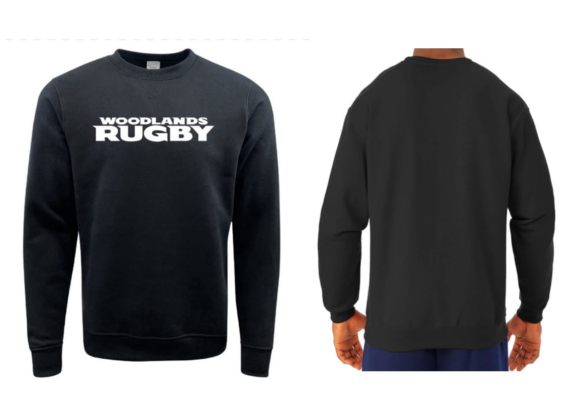 Front and back view of the Woodlands Youth Text Logo Crewneck by WRS Augusta, a custom black sweatshirt featuring "WOODLANDS RUGBY" printed in bold white letters on the front.