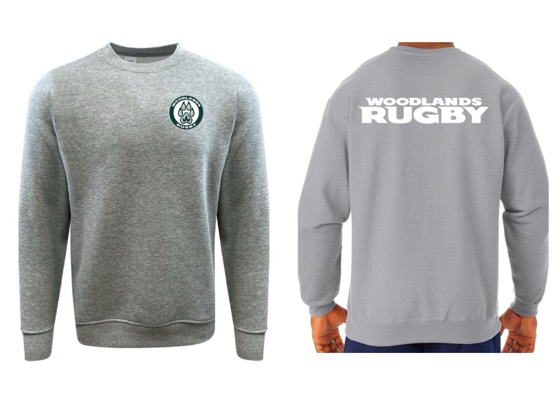 Front and back view of the WRS Augusta Woodlands Youth Paw Print Pocket Logo Crewneck in gray, featuring a small paw print logo on the chest and "WOODLANDS RUGBY" in large white letters across the back.