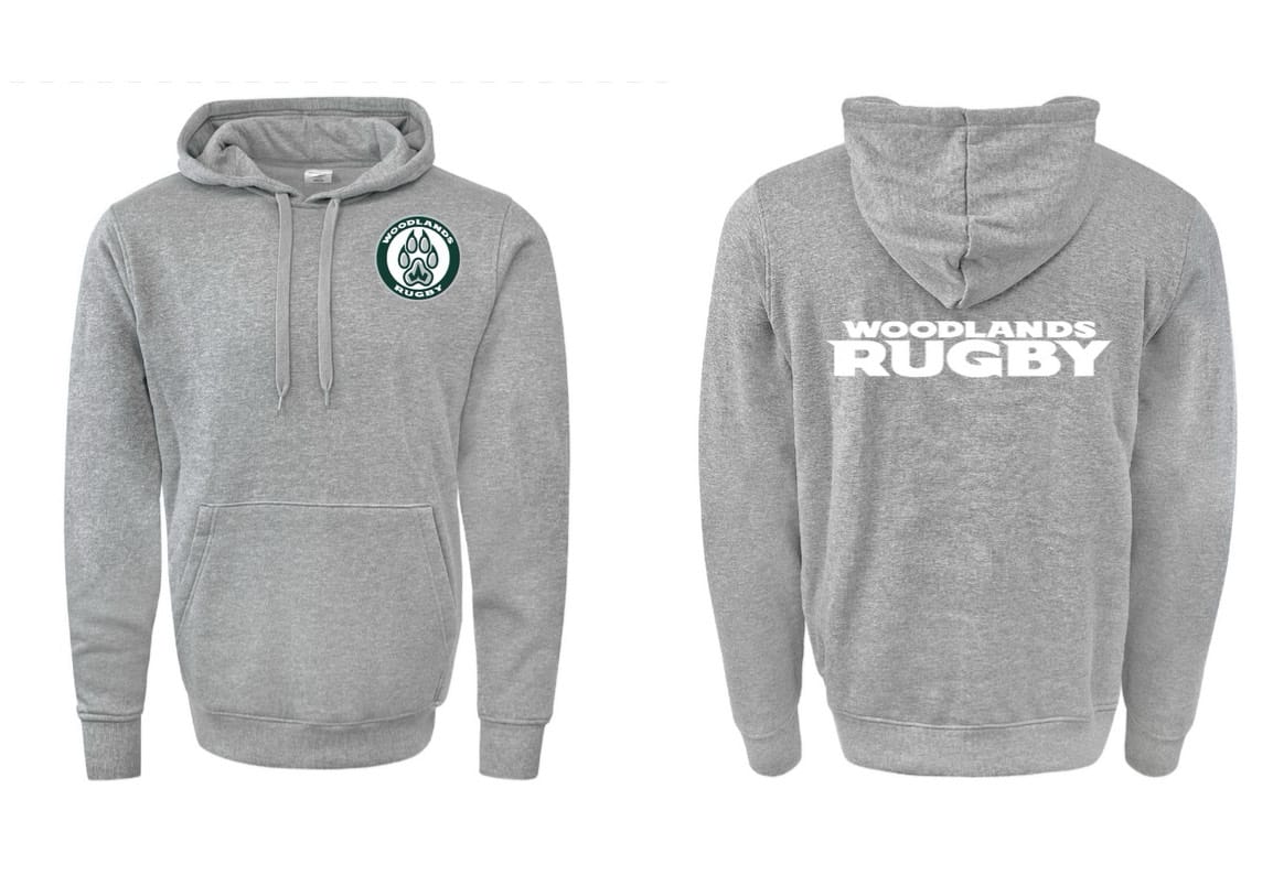 The Woodlands Youth Paw Print Pocket Logo Hoodie by WRS Augusta is a grey hoodie with a front kangaroo pocket, paw print pocket logo, circular wolf chest emblem, and large "Woodlands Rugby" back print.