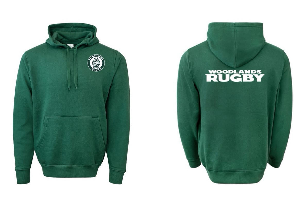 The WRS Augusta Woodlands Youth Paw Print Pocket Logo Hoodie features a green design with a circular paw print logo on the left chest and "WOODLANDS RUGBY" in white across the back. Front and back views shown.