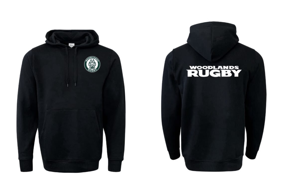 Front and back view of the WRS Augusta Woodlands Youth Paw Print Pocket Logo Hoodie, a black sweatshirt with a small paw print logo on the front left chest and "WOODLANDS RUGBY" in bold white letters across the back.