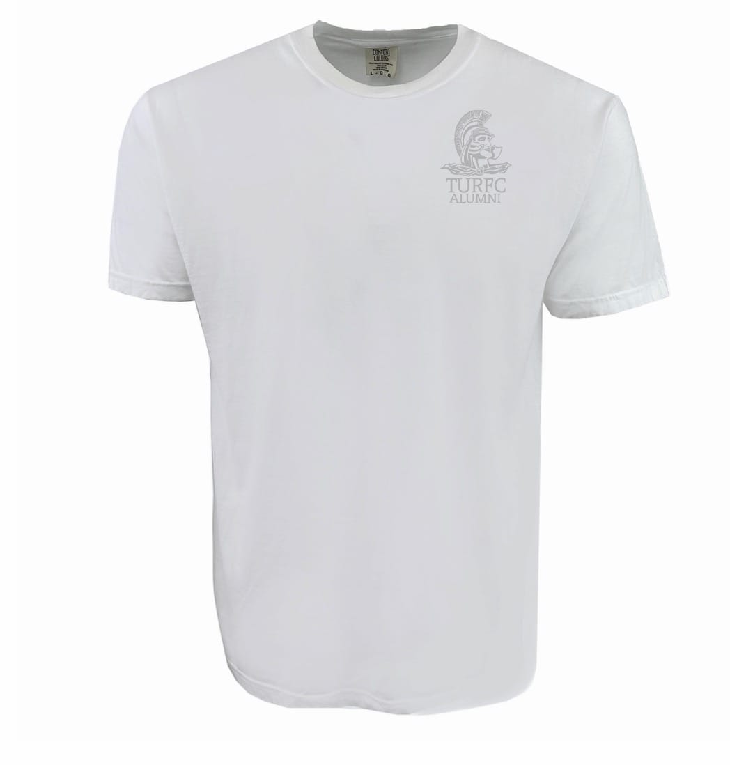 The Troy Rugby Alumni Heavyweight Comfort T-Shirt by EMB S&S Activewear is made from premium USA cotton and features a small "TURC Alumni" logo and graphic on the upper left chest.