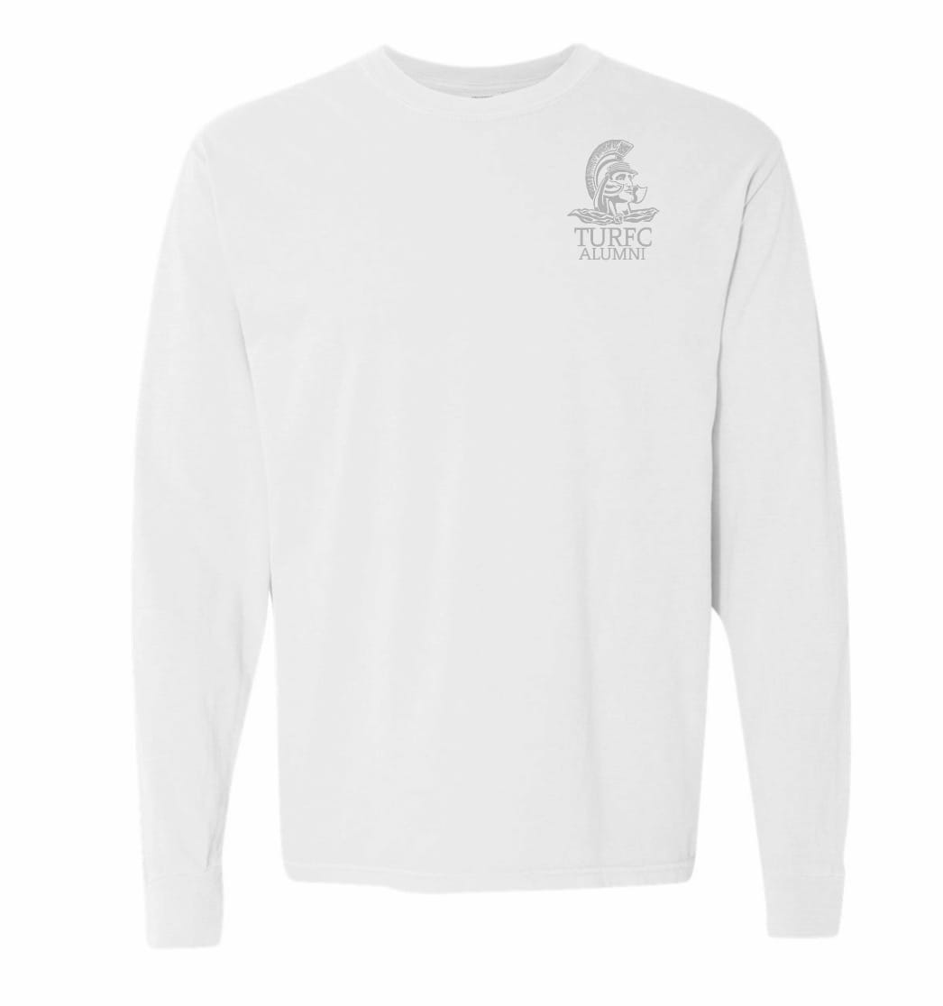 The EMB S&S Activewear Troy Rugby Alumni Heavyweight Comfort Long-Sleeve T-Shirt is crafted from garment-dyed cotton in plain white and features a small "TURFC Alumni" Spartan helmet logo on the upper left chest.