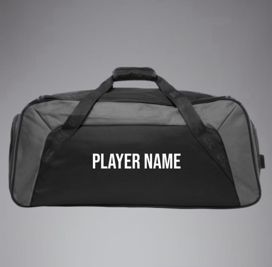 The Bozeman Cutthroats Rugby Holdall Duffle Bag by EMB Canterbury is a black and gray duffle with "PLAYER NAME" in white on the side and a water-repellent finish for durability.