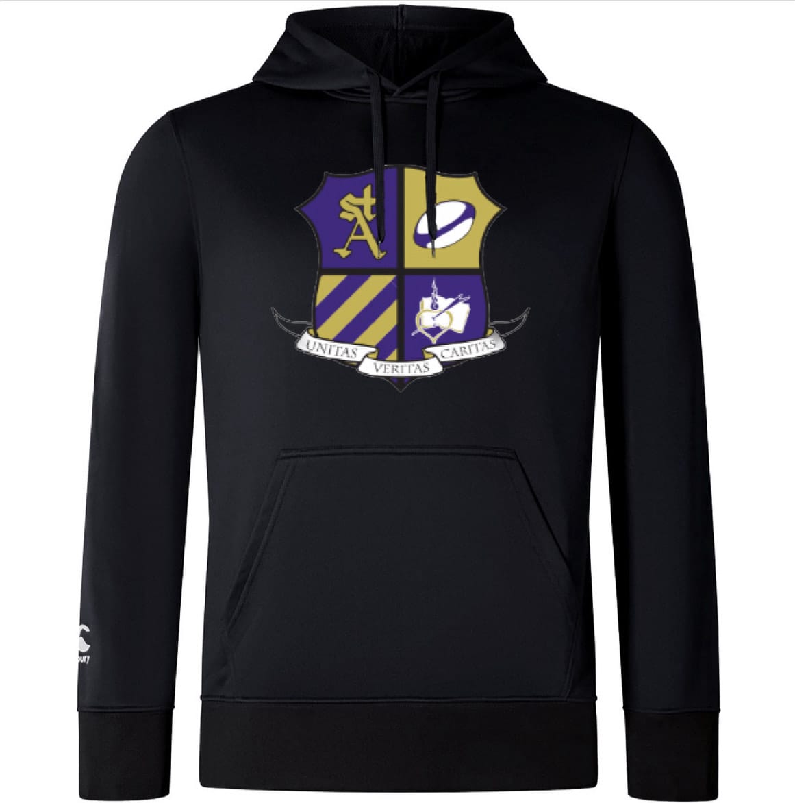 The St. Augustine Alumni Club Lightweight Hoodie by WRS Canterbury is a black hoodie featuring a crest with symbols and a “Unitas Veritas Caritas” banner—ideal for club members.