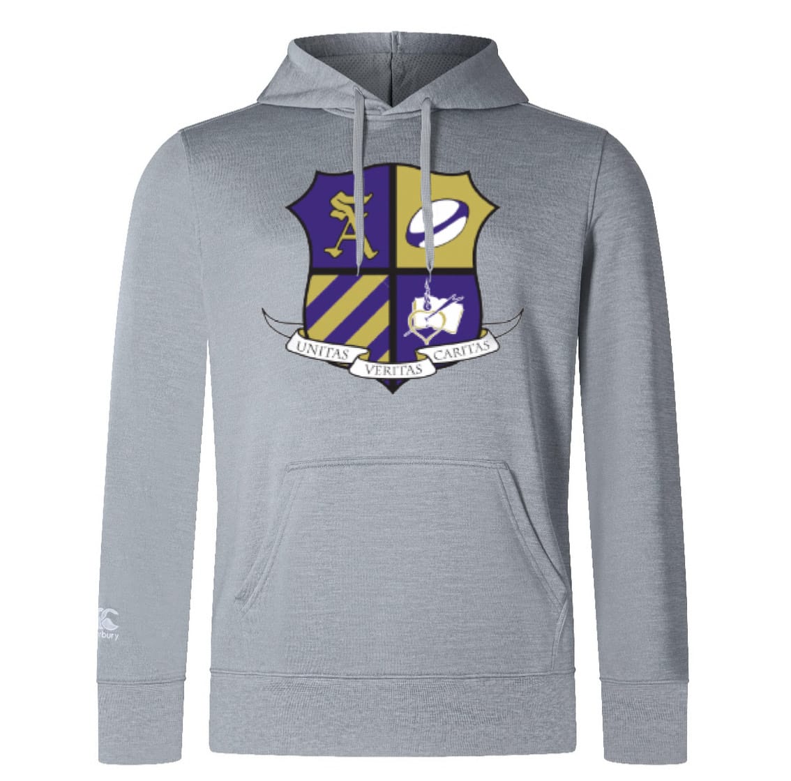 The St. Augustine Alumni Club Lightweight Hoodie by WRS Canterbury features a four-section coat of arms and "Unitas Veritas Caritas" banner—offering casual comfort and timeless style for every alum.