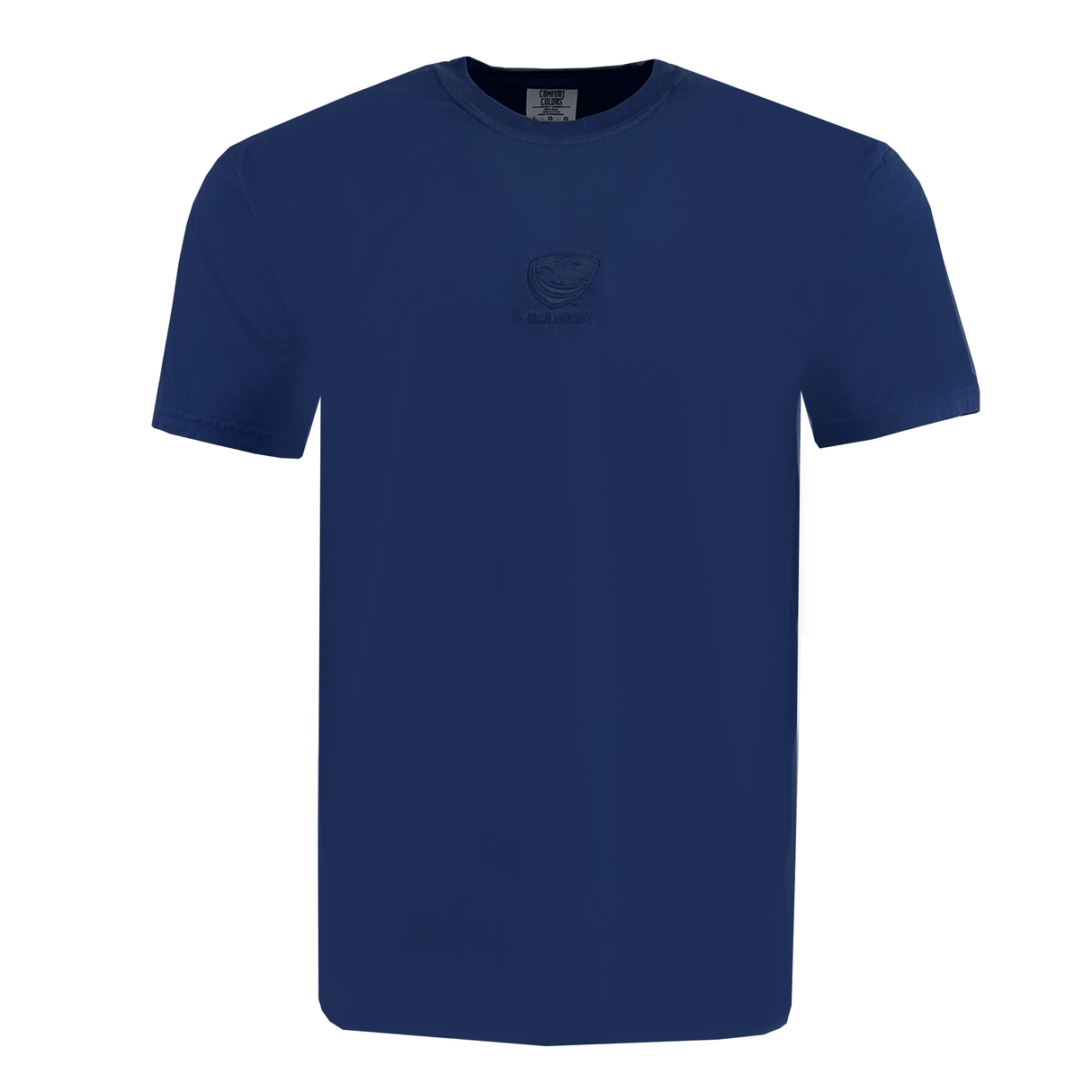 The EMB S&S Activewear USA Rugby Elevated Tonal Comfort Tee - Navy is a 100% ring-spun USA cotton short-sleeve T-shirt with a small, subtle chest logo for elevated comfort and style.