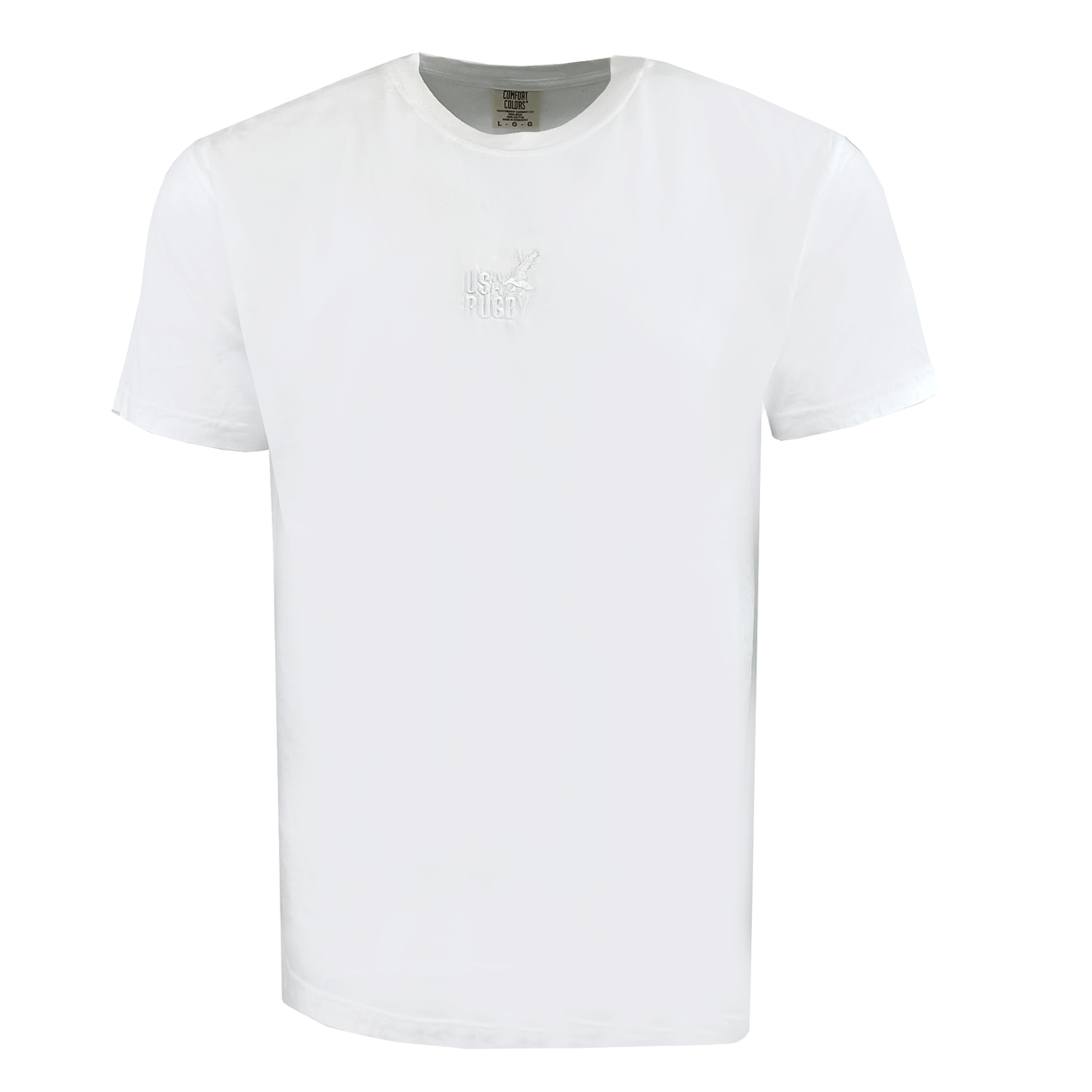 The USA Rugby Elevated Throwback Tonal Comfort Tee by EMB S&S Activewear is a plain white short-sleeve shirt with a subtle embroidered logo on the chest, shown here against a white background.