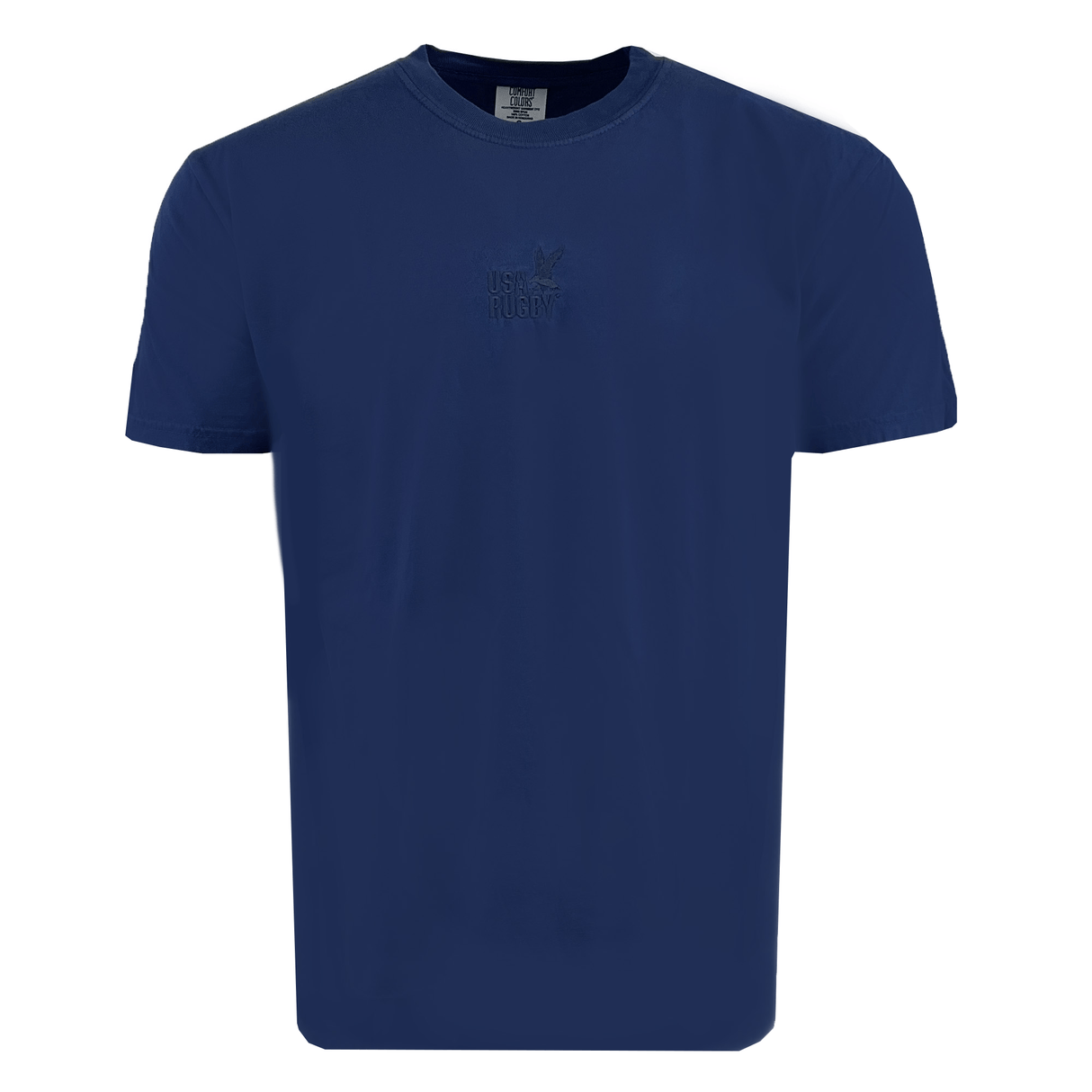 The USA Rugby Elevated Throwback Tonal Comfort Tee - Navy by EMB S&S Activewear is made from soft ring-spun USA cotton and features a subtle embossed "USA Rugby" text and logo on the chest.
