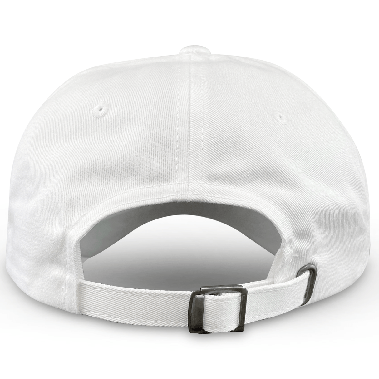 Back view of the Montgomery Yellowhammers Dad Cap by EMB S&S Activewear, featuring a classic white design with an adjustable strap and metal buckle for a comfortable fit.