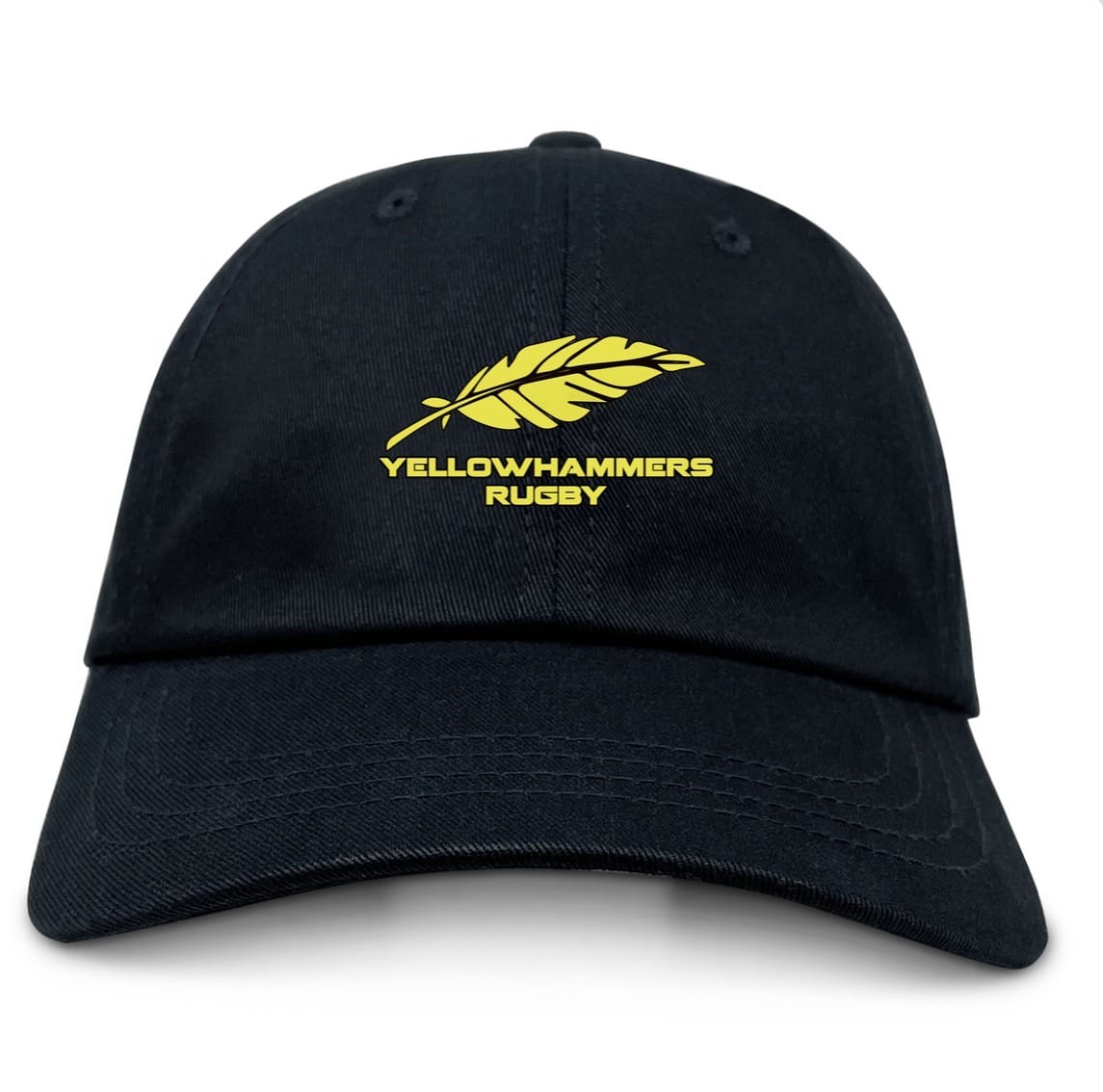 The Montgomery Yellowhammers Dad Cap by EMB S&S Activewear features a black design with a yellow feather and "Yellowhammers Rugby" embroidered on the front—an ideal team cap for rugby fans.
