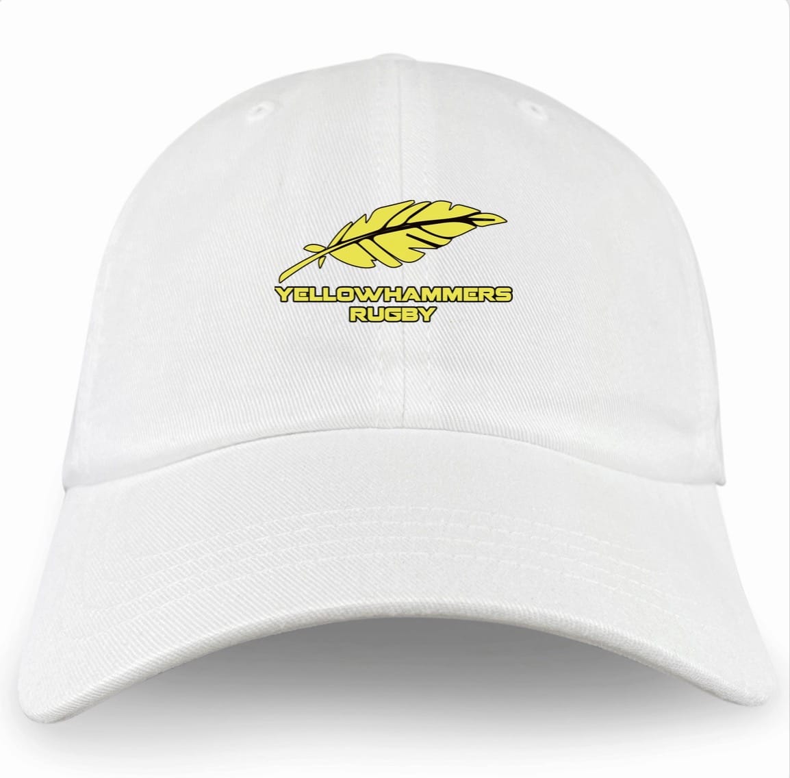 The Montgomery Yellowhammers Dad Cap by EMB S&S Activewear is a white hat featuring a yellow leaf and "YELLOWHAMMERS RUGBY" in yellow with black outline—perfect for fans and players alike.
