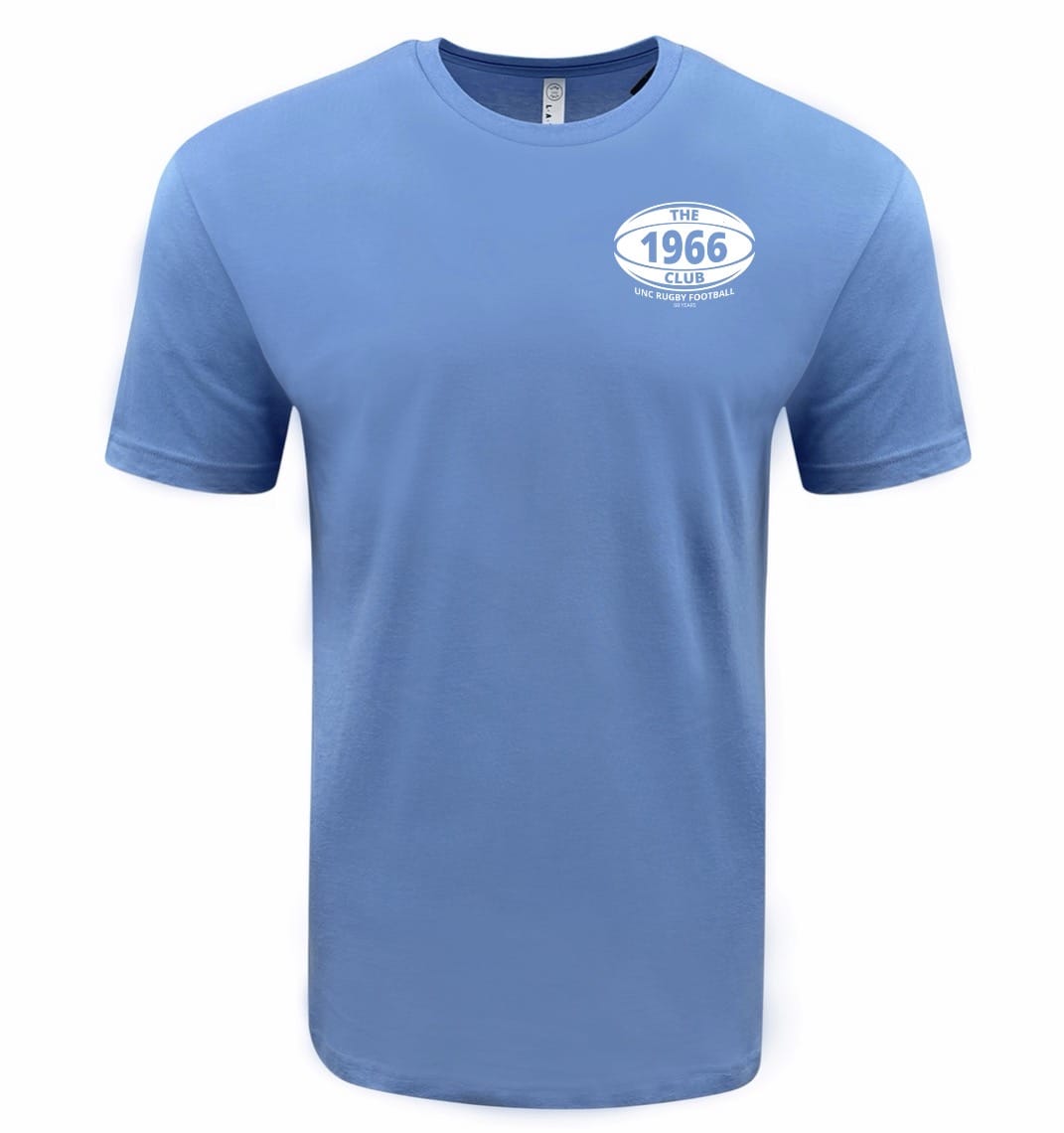 The UNC 1966 Club Tee by EMB LAT is a light blue short-sleeve shirt with a small white oval logo on the left chest reading "THE 1966 CLUB UK PROFESSIONAL"—ideal for Tar Heel rugby fans and lovers of classic club tee style.