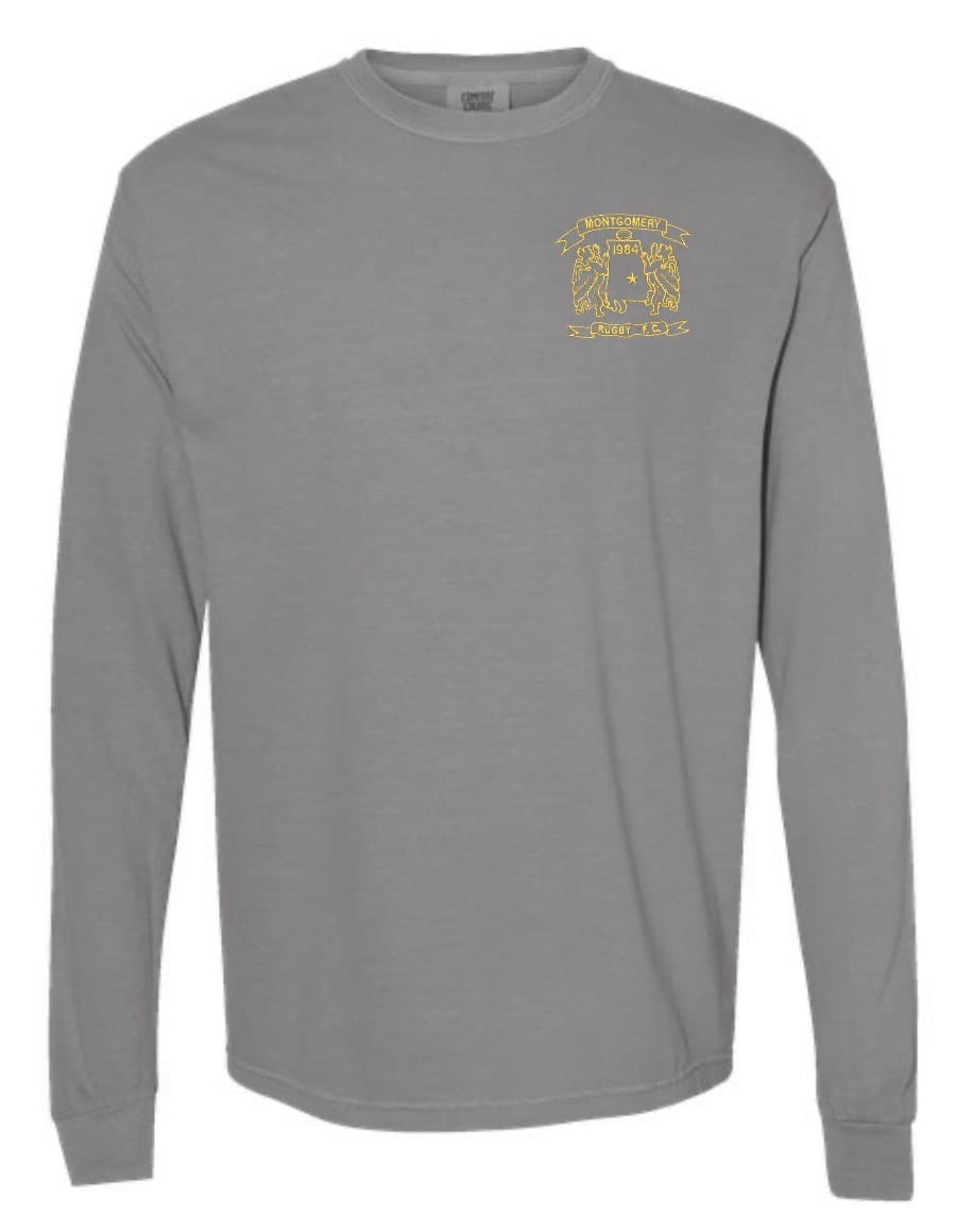 The Montgomery Yellowhammers Yellow Retro Logo Long Sleeve Comfort Tee by EMB S&S Activewear features a small yellow embroidered logo on the left chest—ideal for rugby fans seeking both style and comfort.