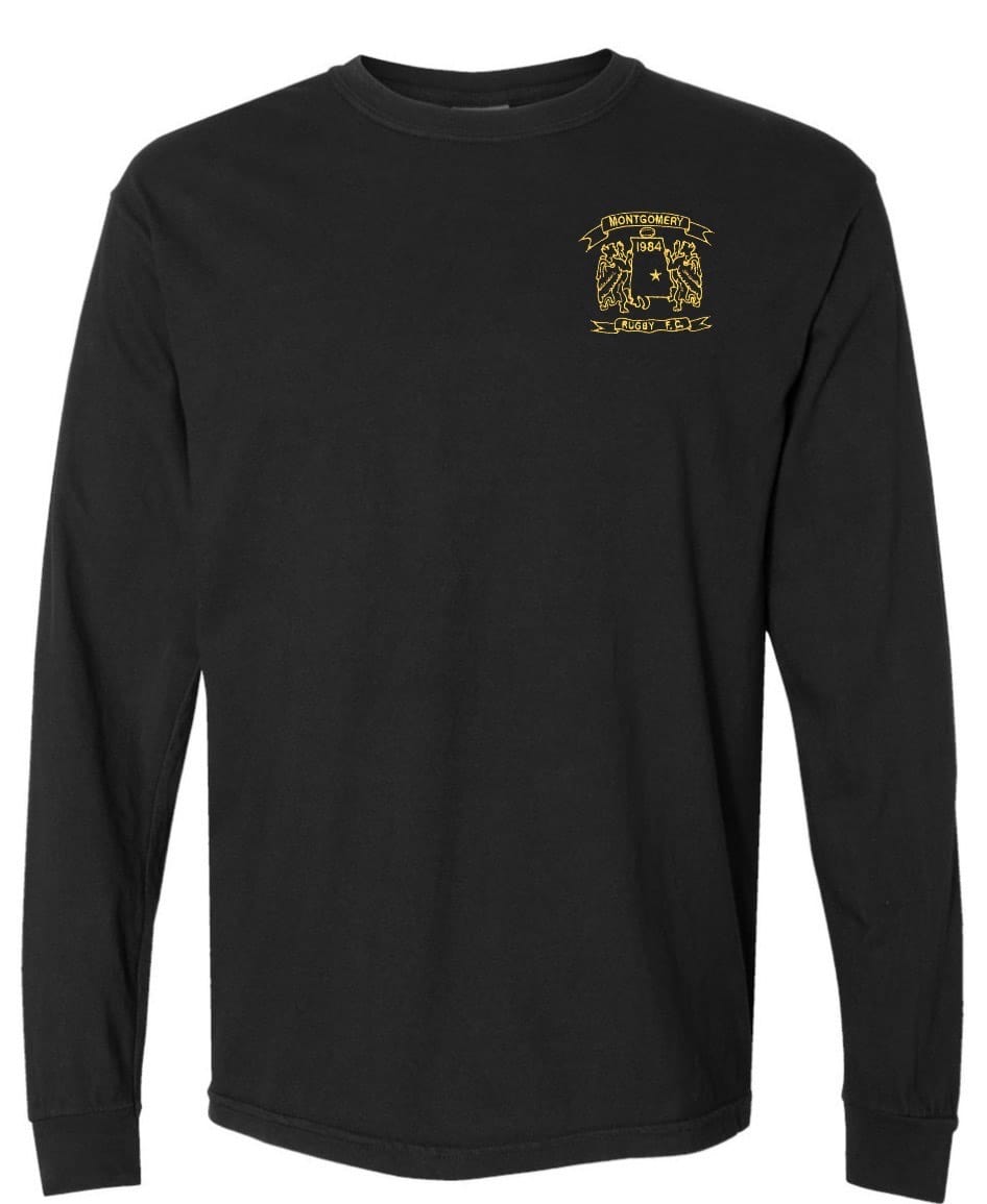 The Montgomery Yellowhammers Yellow Retro Logo Long Sleeve Comfort Tee by EMB S&S Activewear features a small yellow graphic and embroidered logo on the left chest—ideal for rugby fans seeking style and comfort.