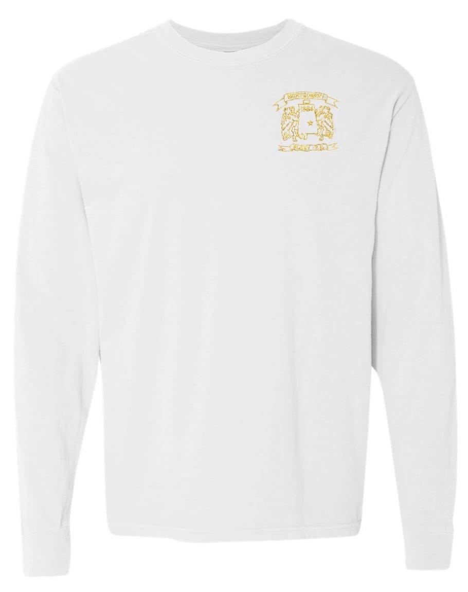 The Montgomery Yellowhammers Yellow Retro Logo Long Sleeve Comfort Tee by EMB S&S Activewear features a small yellow embroidered crest and text on the upper left chest—ideal for rugby fans who value both comfort and style.