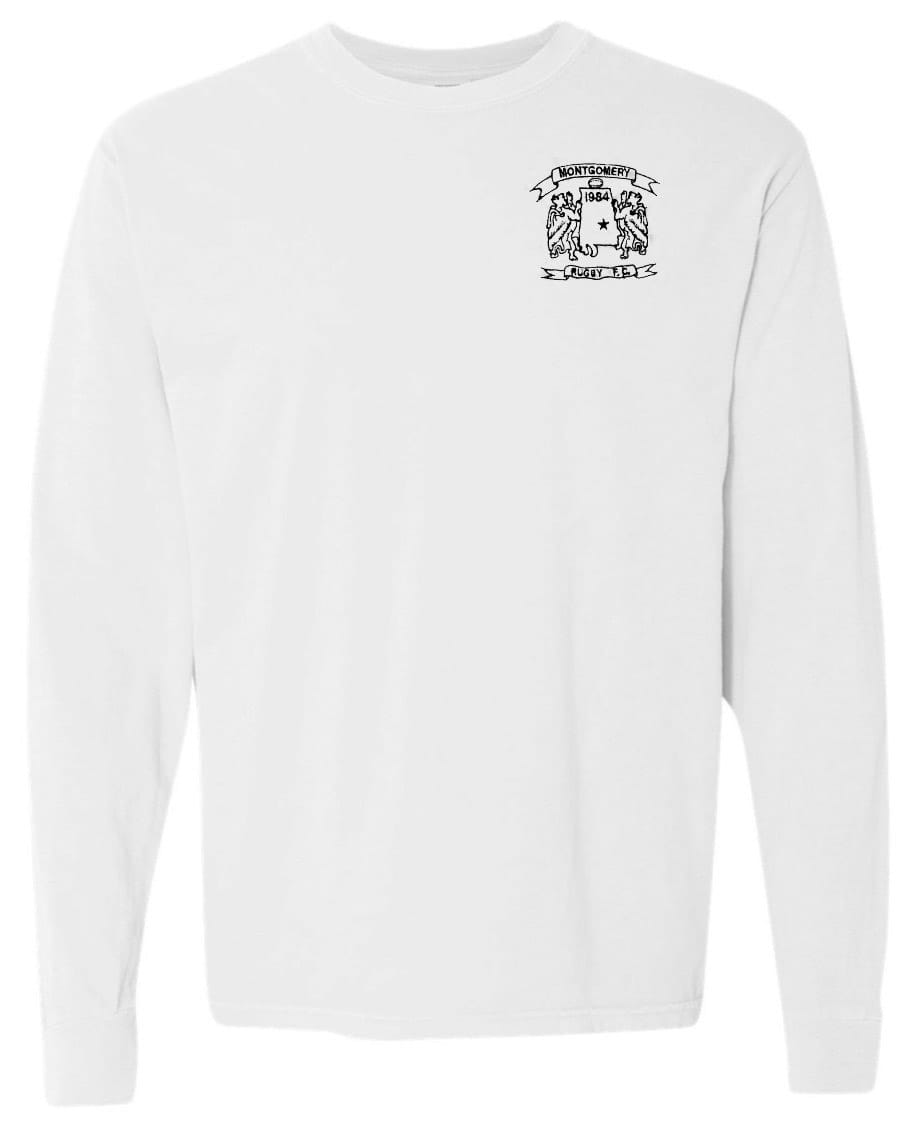The Montgomery Yellowhammers Black Logo Long Sleeve Retro Comfort Tee by EMB S&S Activewear features a small black embroidered logo and text on the upper left chest—ideal for rugby fans who enjoy subtle style.