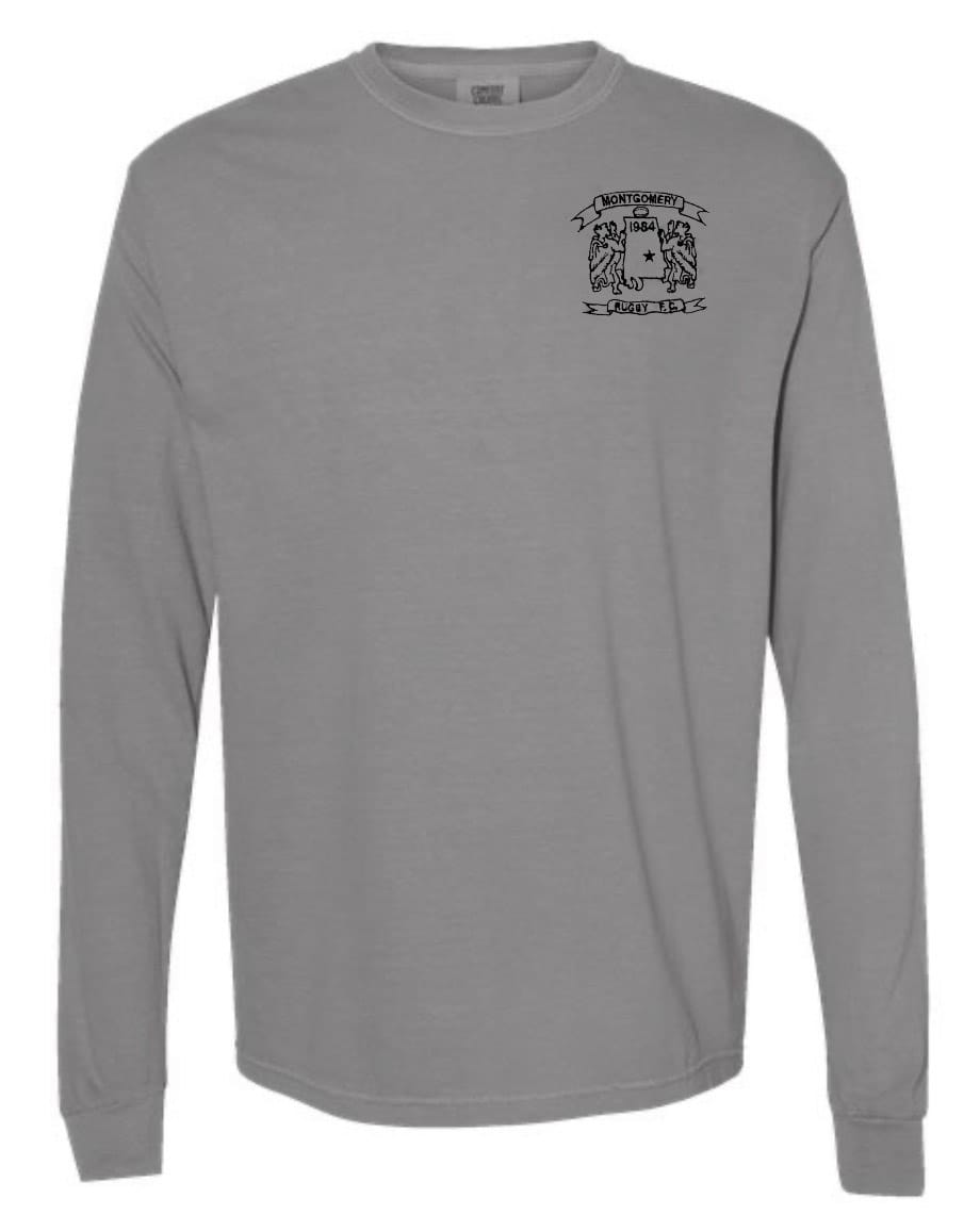 The Montgomery Yellowhammers Black Logo Long Sleeve Retro Comfort Tee by EMB S&S Activewear features a small black embroidered logo and text on the left chest—ideal for rugby fans who value both style and comfort.