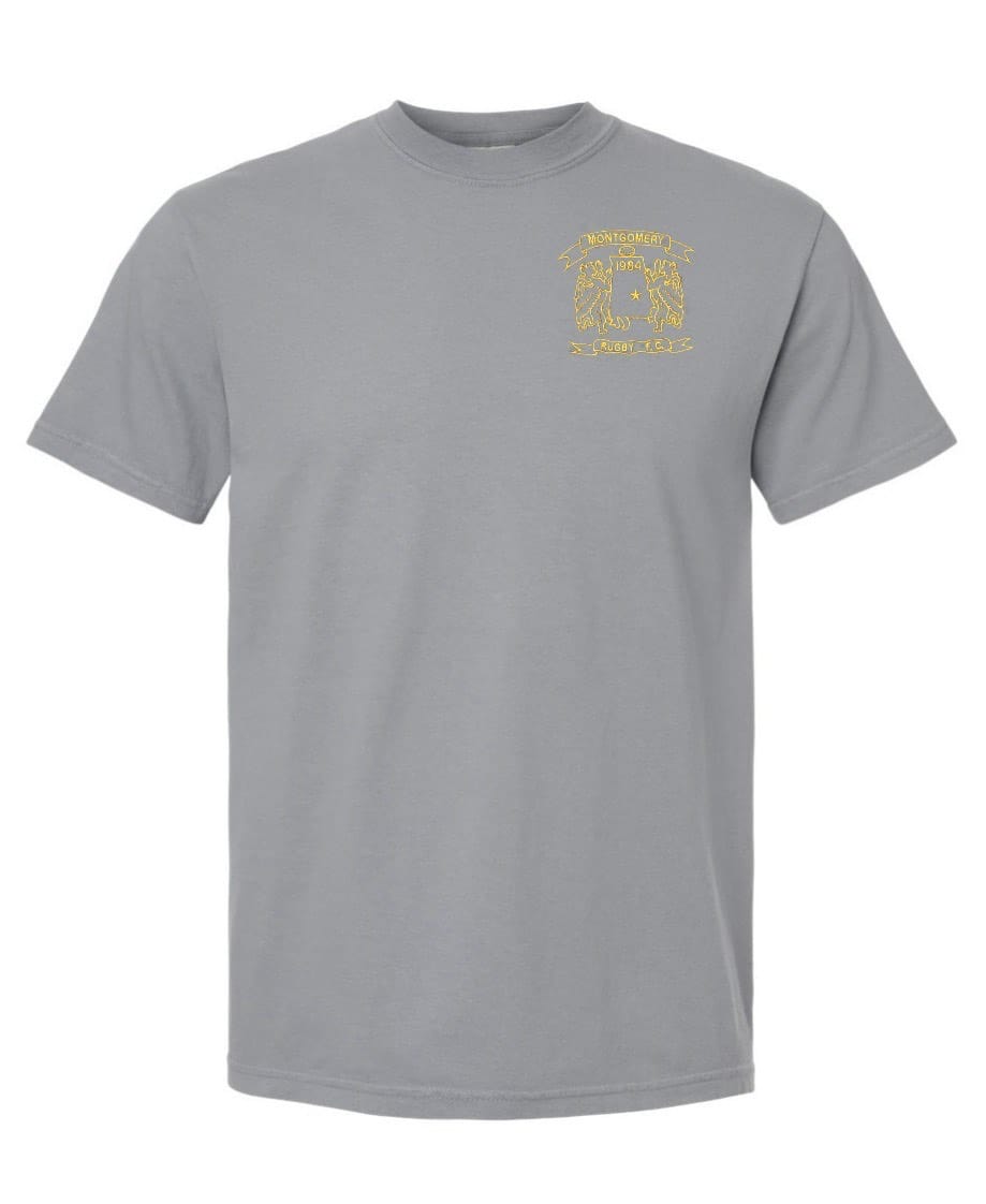 The EMB S&S Activewear Montgomery Yellowhammers Yellow Retro Logo Comfort Tee is a gray, ring-spun USA cotton shirt with a small yellow graphic and text on the upper left chest.