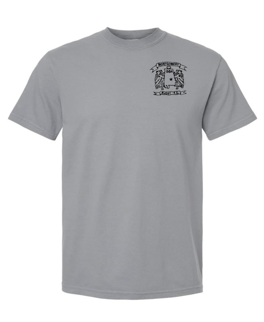 The Montgomery Yellowhammers Black Logo Retro Comfort Tee by EMB S&S Activewear features a small black embroidered logo and text on the left chest—a classic, comfortable choice for rugby fans.