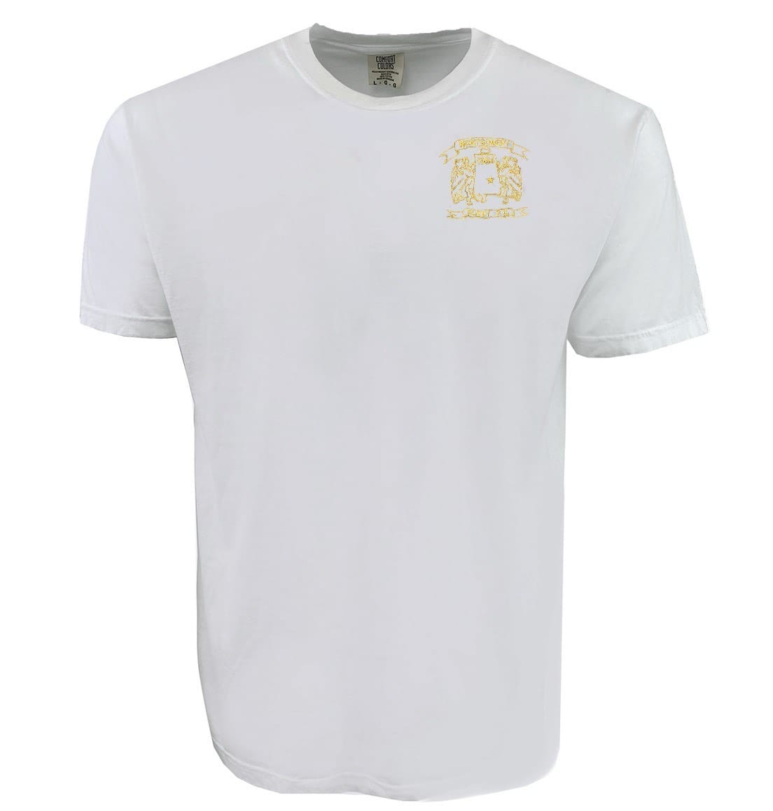 The Montgomery Yellowhammers Yellow Retro Logo Comfort Tee by EMB S&S Activewear is a plain white short-sleeve shirt made from ring-spun USA cotton, featuring a small yellow retro logo and text on the upper left chest.