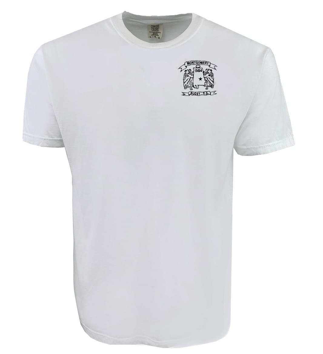 The EMB S&S Activewear Montgomery Yelllowhammers Black Logo Retro Comfort Tee features a small black embroidered logo and text on the upper left chest—ideal for rugby fans who love classic style.