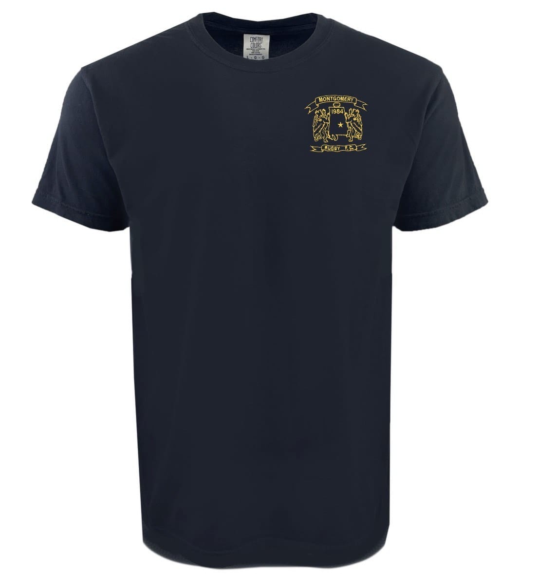 The EMB S&S Activewear Montgomery Yellowhammers Yellow Retro Logo Comfort Tee is a plain black, short-sleeve, ring-spun USA cotton shirt with a small yellow crest and text embroidered on the left chest.