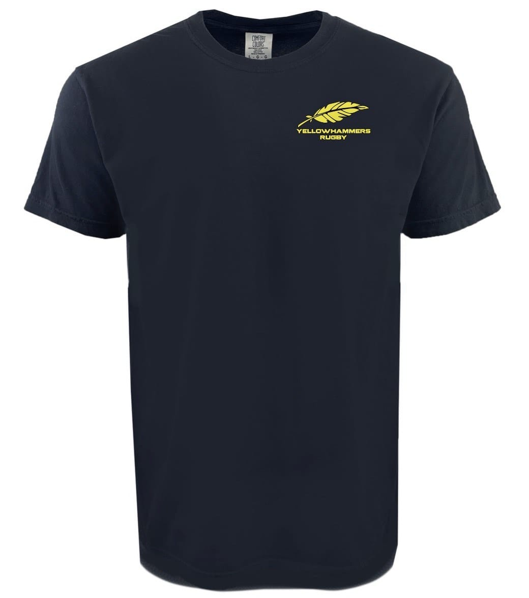The Montgomery Yellowhammers Feather Comfort Tee by EMB S&S Activewear is made from ring-spun USA cotton and features a small yellow feather with "YELLOWHAMMERS RUGBY" and an embroidered logo on the upper left chest.