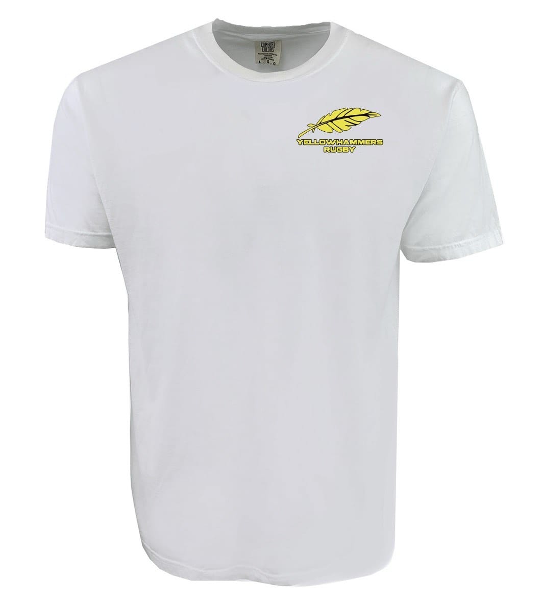 The Montgomery Yellowhammers Feather Comfort Tee by EMB S&S Activewear features a white short-sleeve design, soft ring-spun USA cotton, and a small yellow weed leaf graphic with "YELLOWWEED RACING" text.