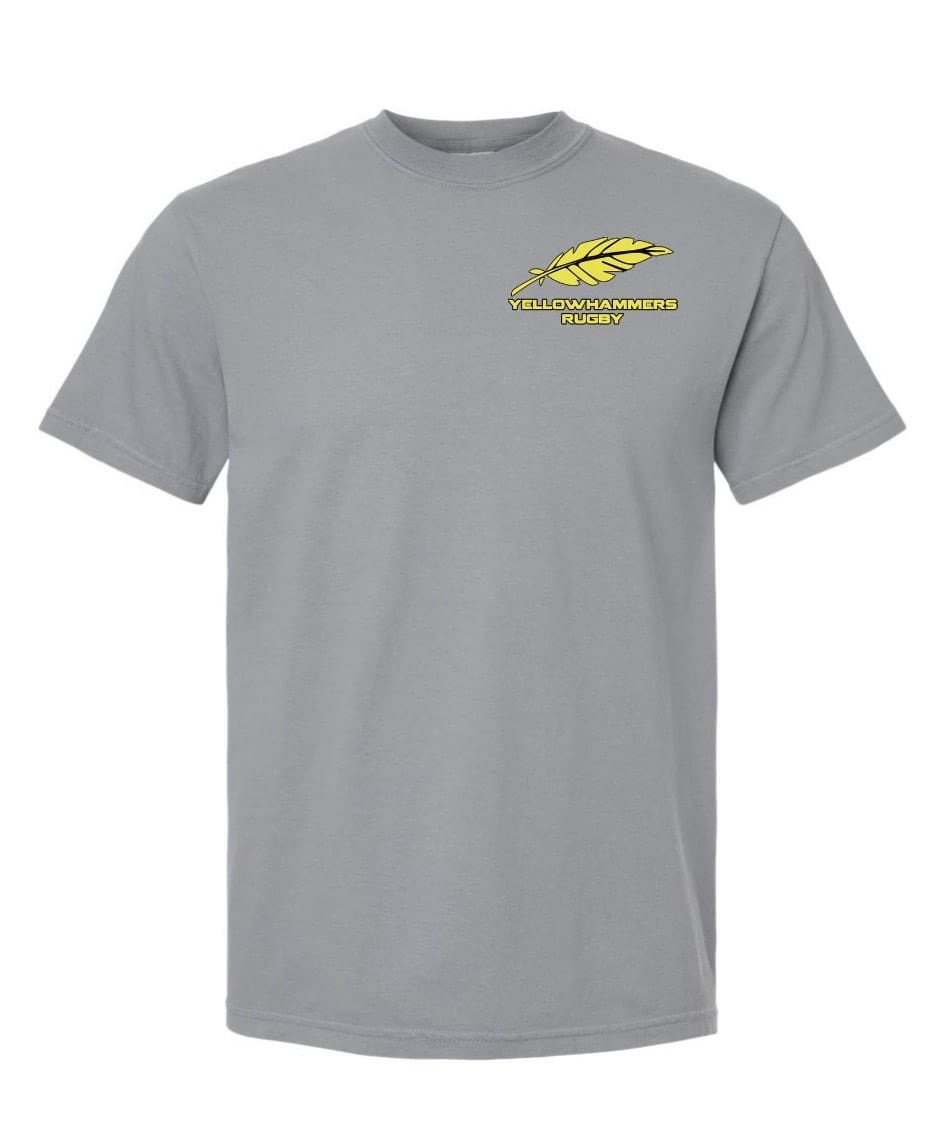 The EMB S&S Activewear Montgomery Yellowhammers Feather Comfort Tee is a gray, short-sleeve, ring-spun USA cotton shirt with a yellow feather and "Yellowhammers Rugby" embroidered on the upper left chest.