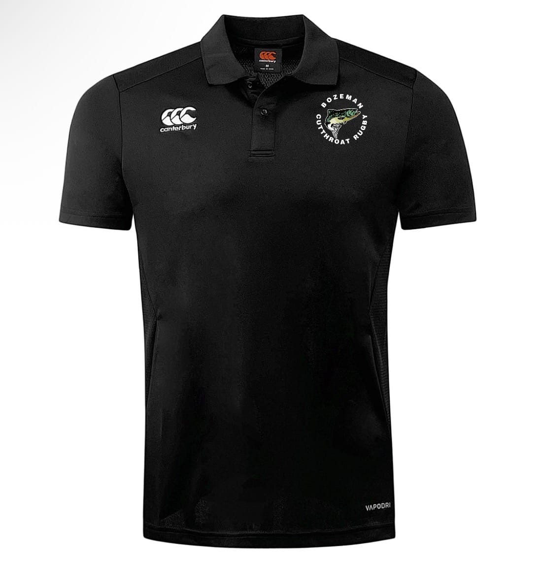 Black short-sleeve Bozeman Cutthroats Club Dry Polo by EMB Canterbury with club logo on the left chest and Canterbury logo on the right; features Vapodri Technology for breathable, cool, and comfortable wear.