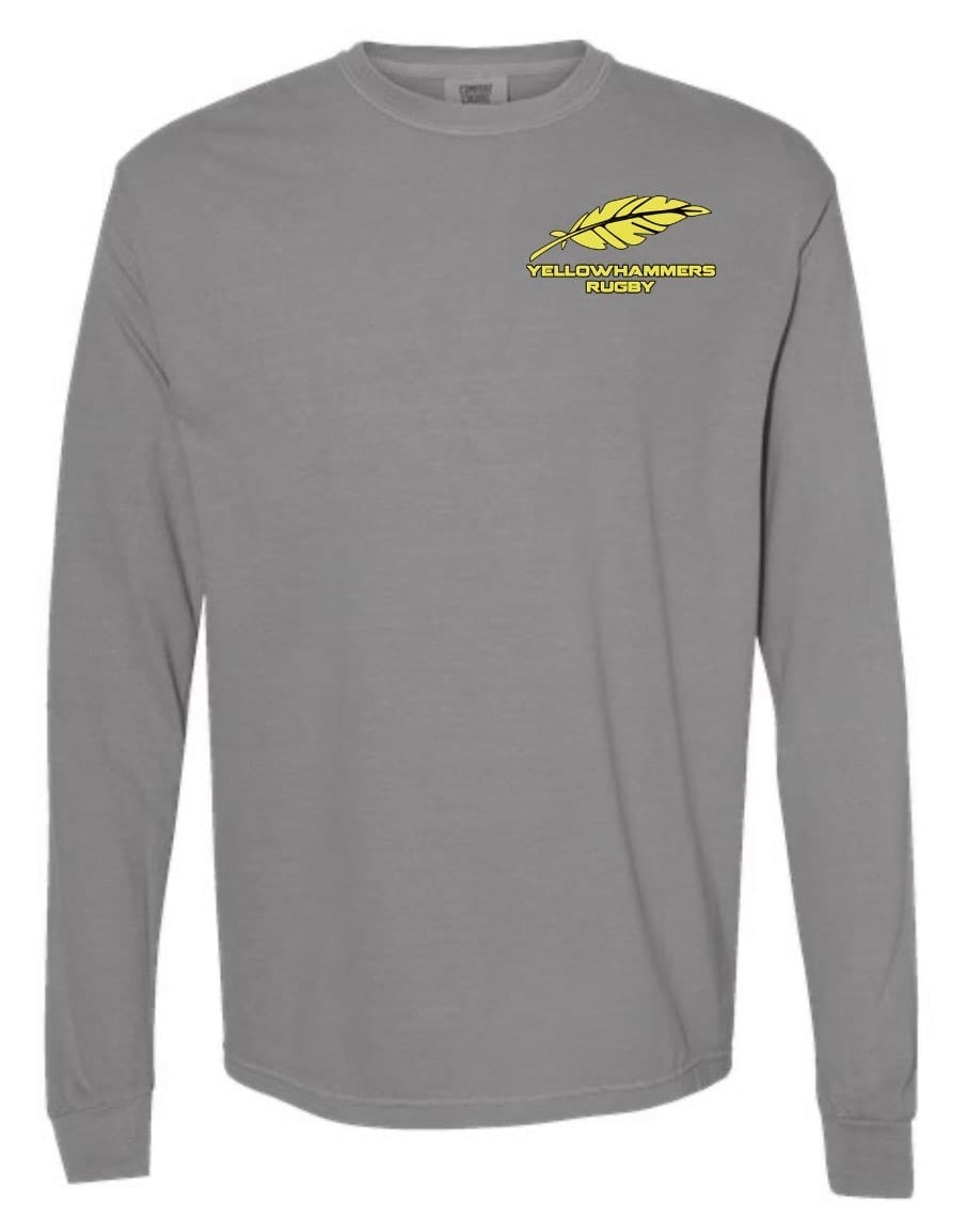 The Montgomery Yellowhammers Long Sleeve Feather Comfort Tee by EMB S&S Activewear is a gray, ring spun cotton shirt with a yellow feather and embroidered "Yellowhammers Rugby" logo on the left chest.