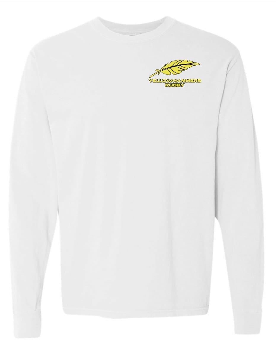 The Montgomery Yellowhammers Long Sleeve Feather Comfort Tee by EMB S&S Activewear is a white, soft ring spun cotton shirt, featuring a yellow feather and "YELLOWHAMMERS RUGBY" embroidered on the upper left chest.
