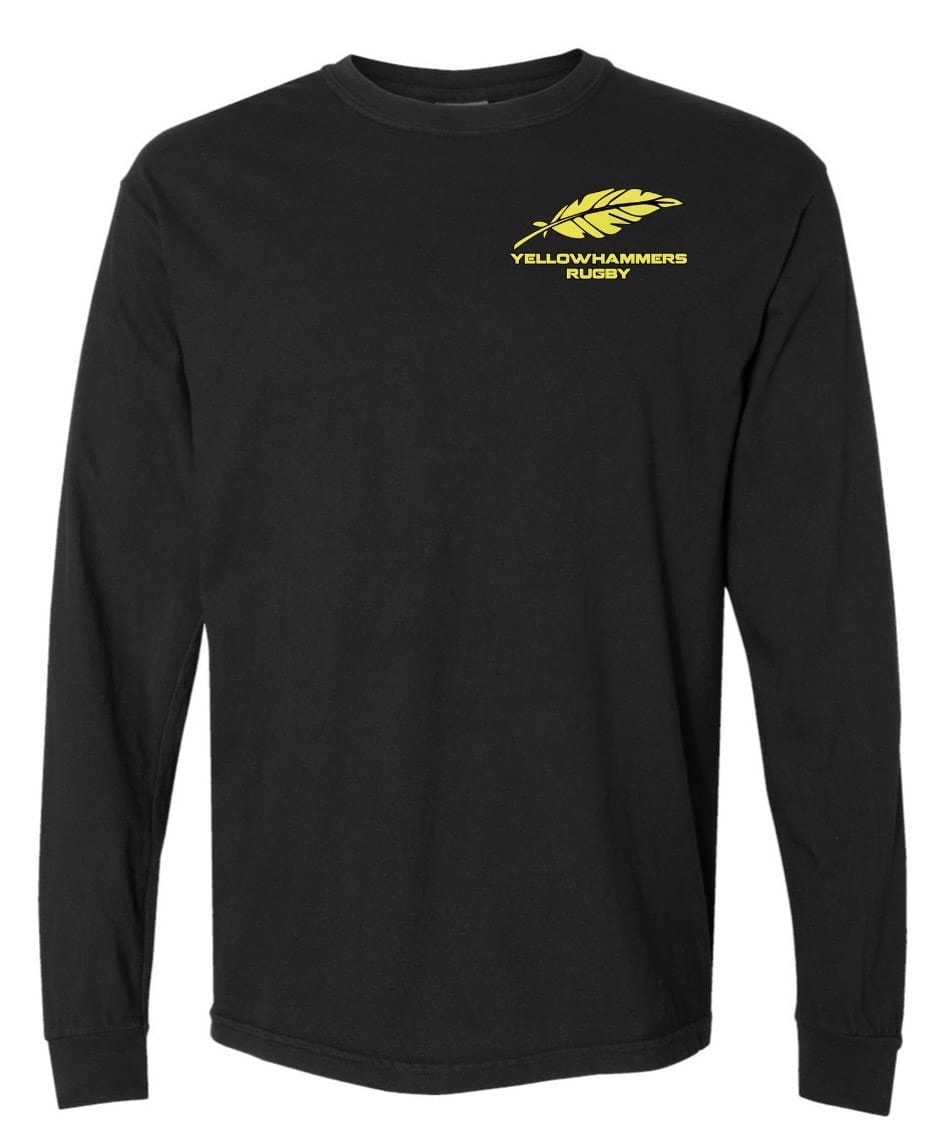 The Montgomery Yellowhammers Long Sleeve Feather Comfort Tee by EMB S&S Activewear is a black, soft ring spun cotton shirt with a yellow feather graphic and "Yellowhammers Rugby" embroidered on the left chest.