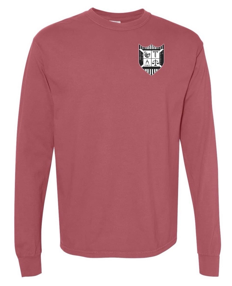 The Troy Rugby Long Sleeve Comfort Tee by EMB S&S Activewear is a red top with a black and white embroidered scales and letters logo on the upper left chest.