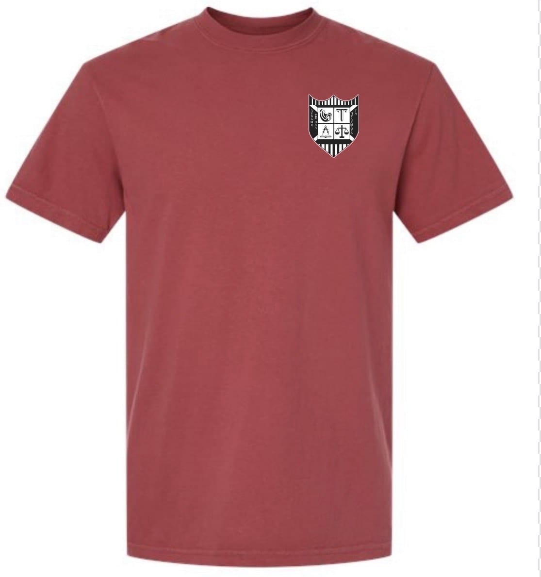 The Troy Rugby Comfort Tee by EMB S&S Activewear is a plain red shirt crafted from soft ring-spun USA cotton with a small black and white shield logo on the left chest.