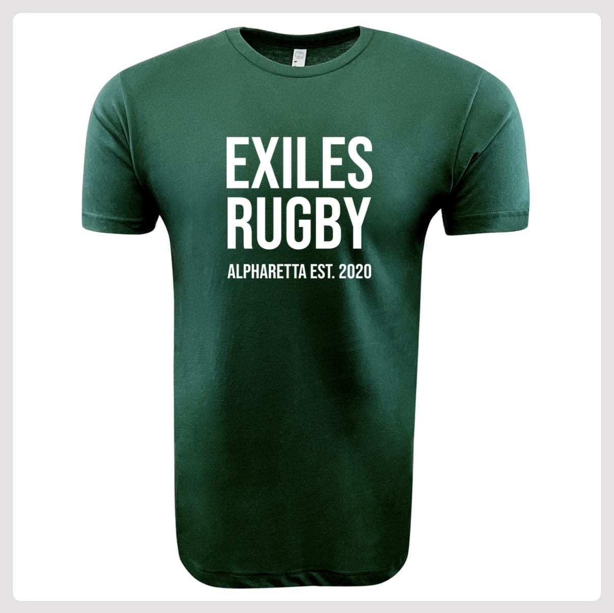 The WRS LAT Exiles Rugby Supersoft Tee features "EXILES RUGBY ALPHARETTA EST. 2020" in bold white letters on the front. This unisex cotton T-shirt is ideal for fans and players.