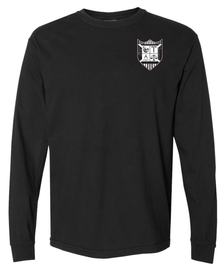 The Troy Rugby Long Sleeve Comfort Tee by EMB S&S Activewear is a black long sleeve shirt with a small embroidered shield-shaped logo featuring letters and symbols on the left chest.