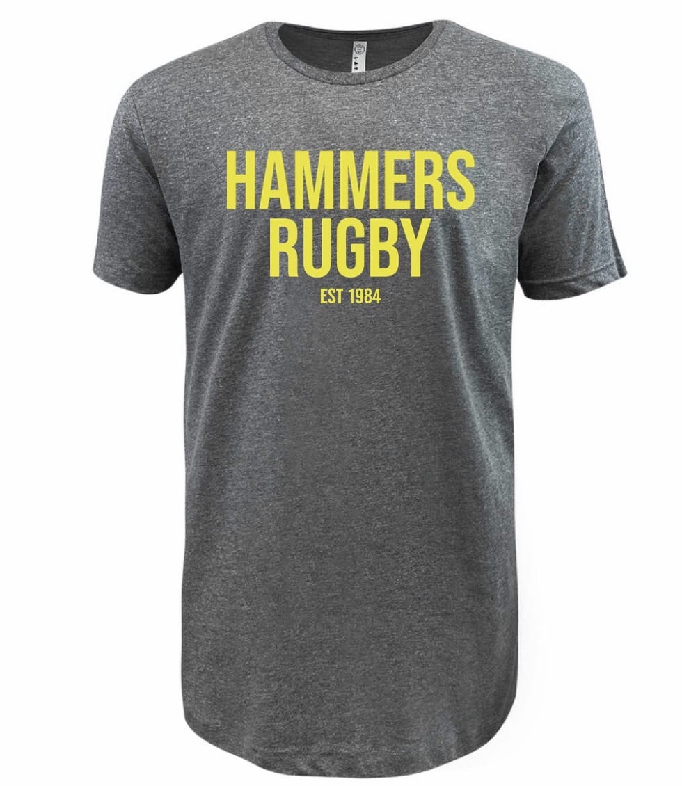 The WRS LAT Montgomery Yellowhammers "Hammers Rugby" Supersoft Tee is a unisex, grey cotton shirt with yellow “HAMMERS RUGBY EST 1984” text on the front for all-day comfort.