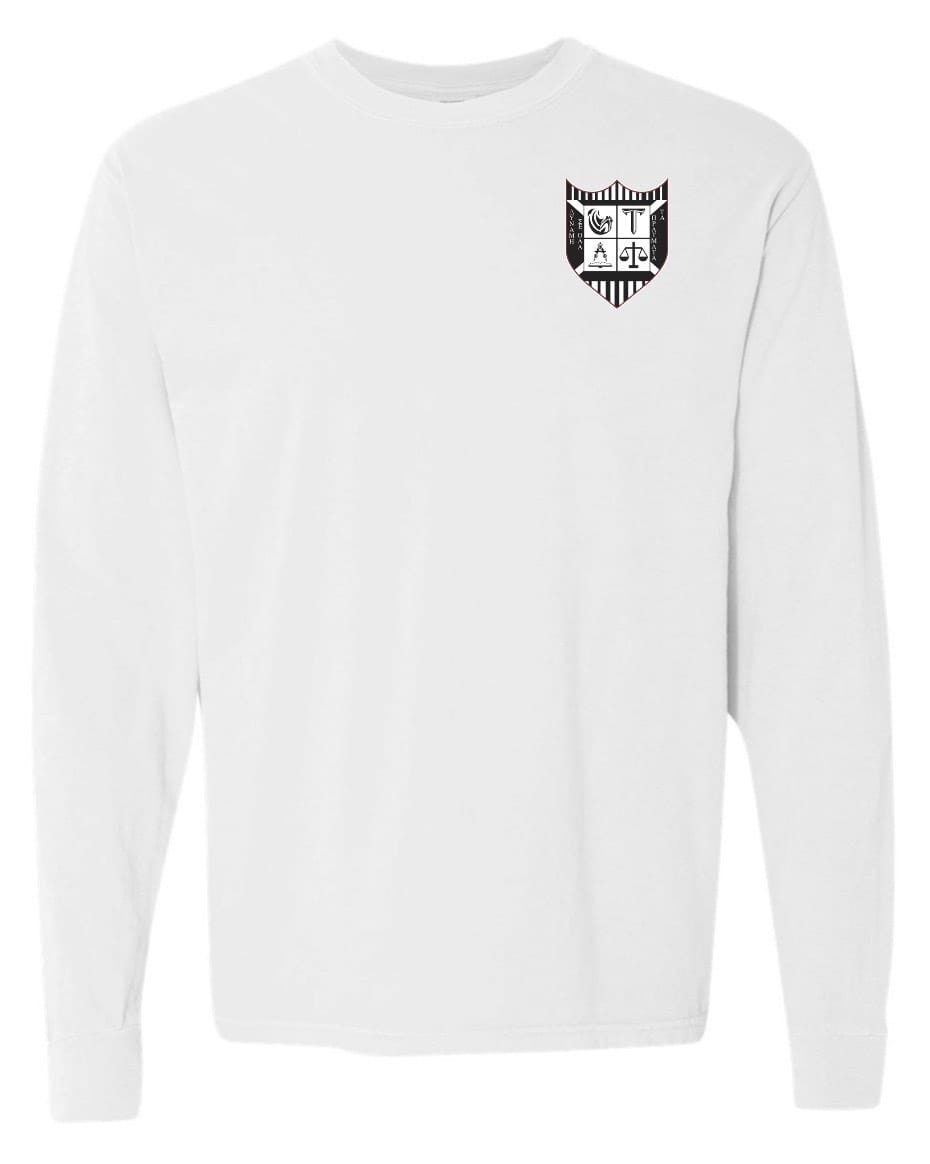 The Troy Rugby Long Sleeve Comfort Tee by EMB S&S Activewear features a black and white embroidered crest with scales and Greek letters on the upper left chest.