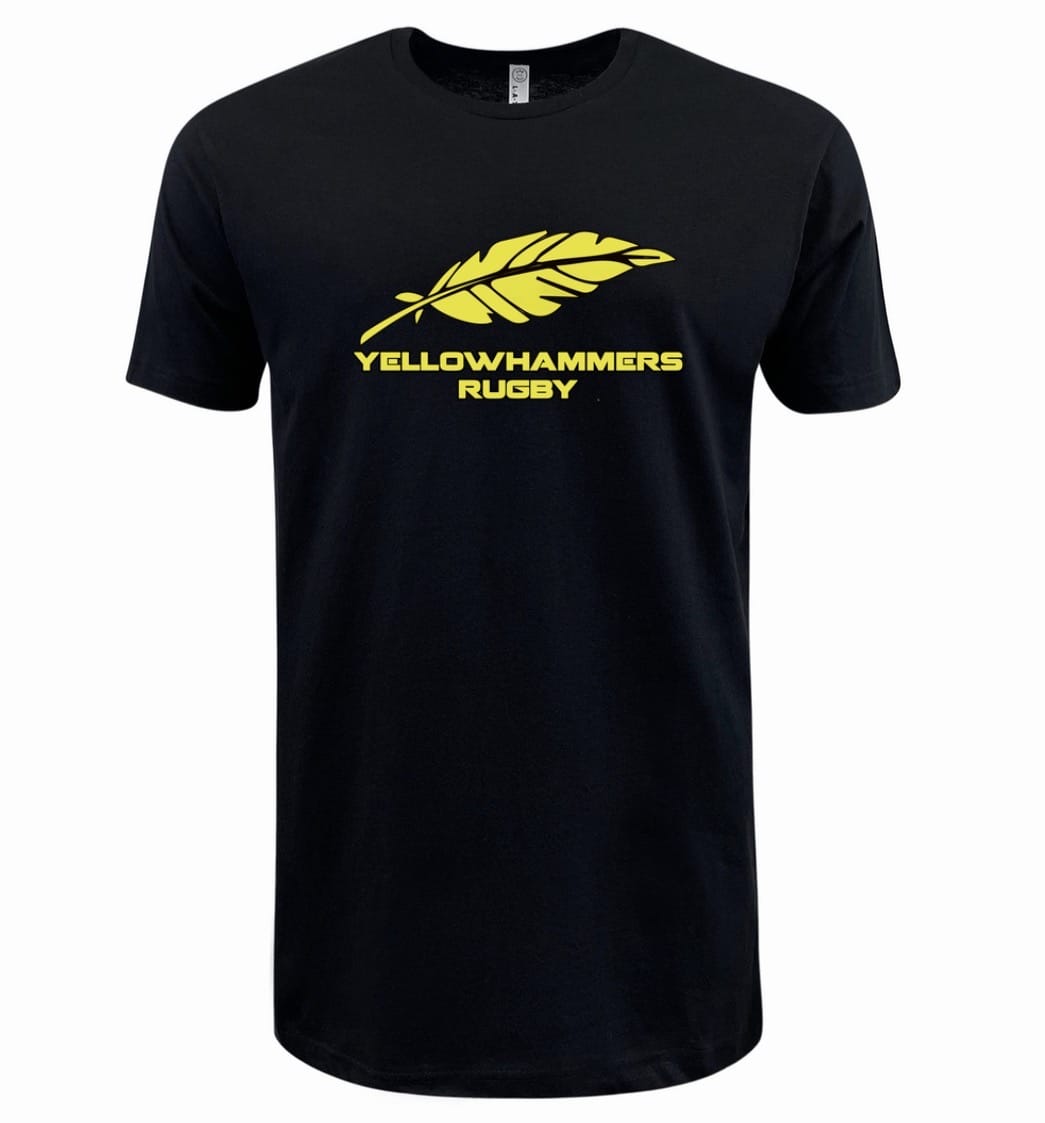 The Montgomery Yellowhammers Supersoft Tee by WRS LAT is a black unisex shirt featuring a large yellow feather above bold “YELLOWHAMMERS RUGBY”—a comfy cotton must-have for any fan’s collection.