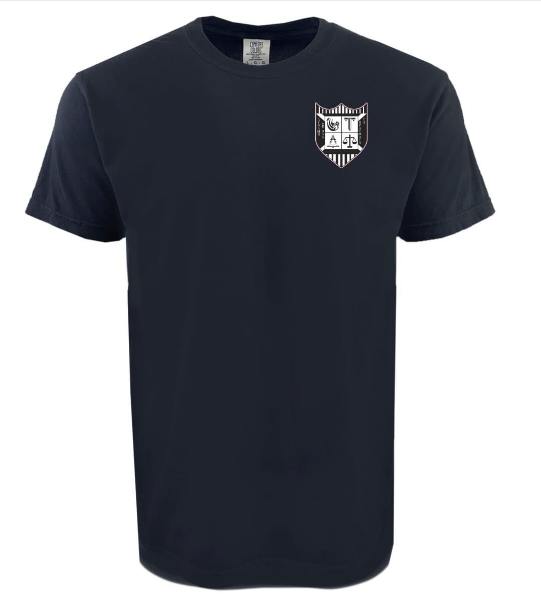 The Troy Rugby Comfort Tee by EMB S&S Activewear is a plain black, ring-spun USA cotton shirt featuring a small white and black crest logo with letters and symbols on the upper left chest.