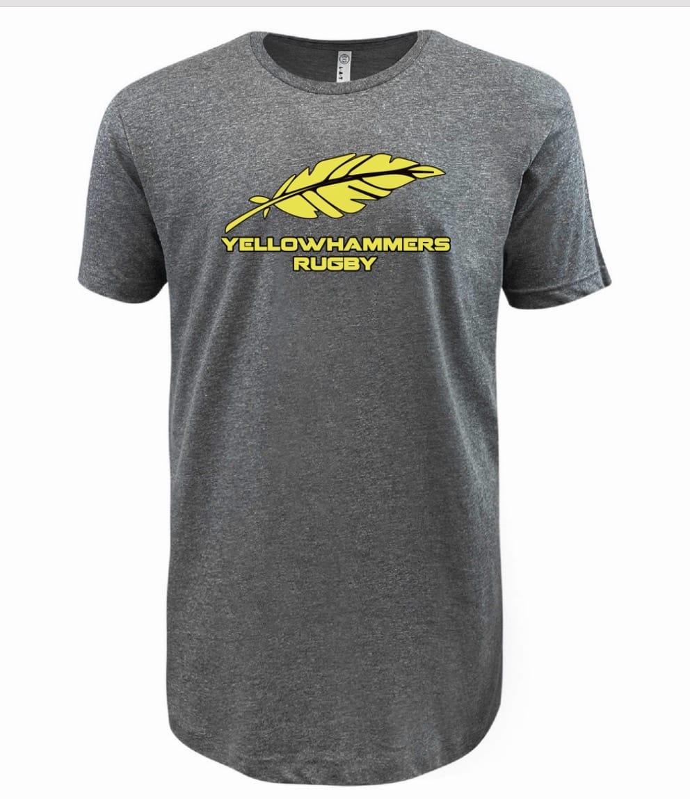 The Montgomery Yellowhammers Supersoft Tee by WRS LAT is a gray unisex cotton shirt with a yellow feather graphic and "YELLOWHAMMERS RUGBY" on the chest—perfect for fans to show support.